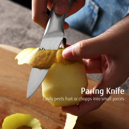 hecef Silver Kitchen knife set of 3, Satin Finish Blade with Hollow Handle, includes 8" Chef, 5" Utility and 3.5" paring knife