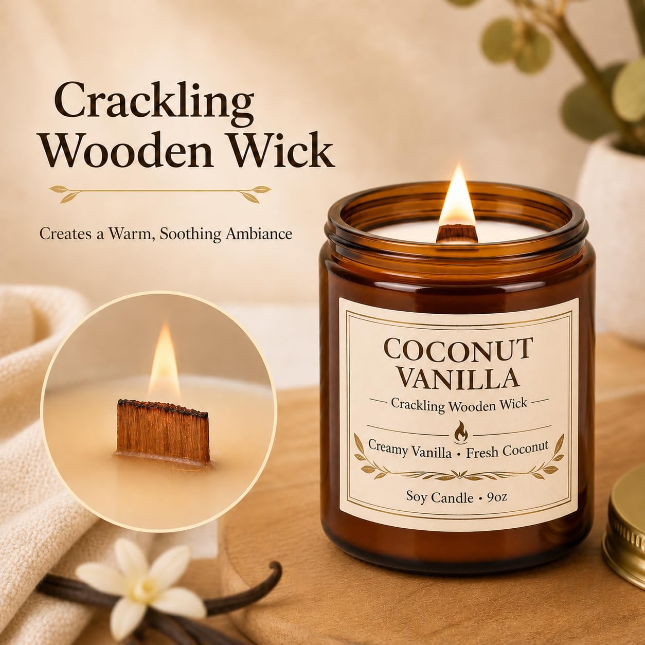 Coconut Vanilla Scented Candles for Home, 9oz Long Burning Soy Candles for Women, Wood Wick Natural Non Toxic Candle Jar, Aromatherapy Candle Gift for Home Bedroom Bathroom Office