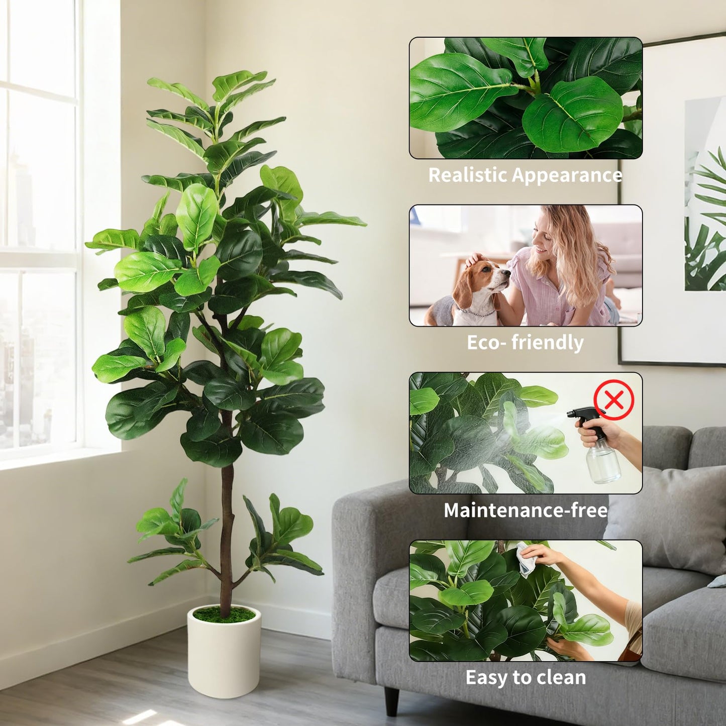 5FT Artificial Fiddle Leaf Fig Tree with White Planter & Fake Moss, Realistic Faux Ficus Lyrata Floor Plant for Indoor Home Office Decor, Housewarming Gift