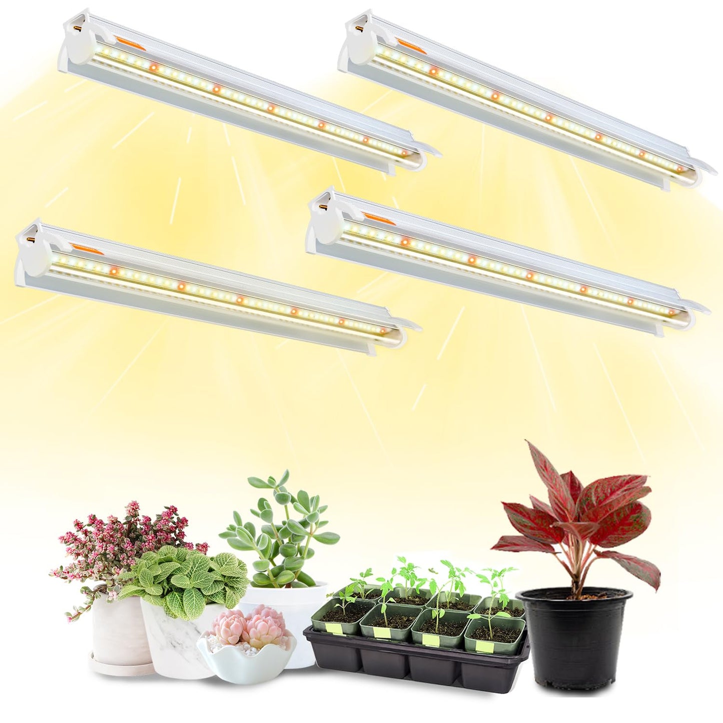 Plant Lights for Indoor Growing Seedlings - 16 in Long, 4-Count (10W x4) Full Spectrum T5 Grow Light Bars for Seed Starting, 4000K White LED Grow Lamp w/Reflectors for Shelf/Rack