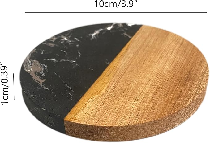 I-LAN 4-Pack Black Marble and Acacia Wood Coasters, 4-Inch Round Modern Drink
