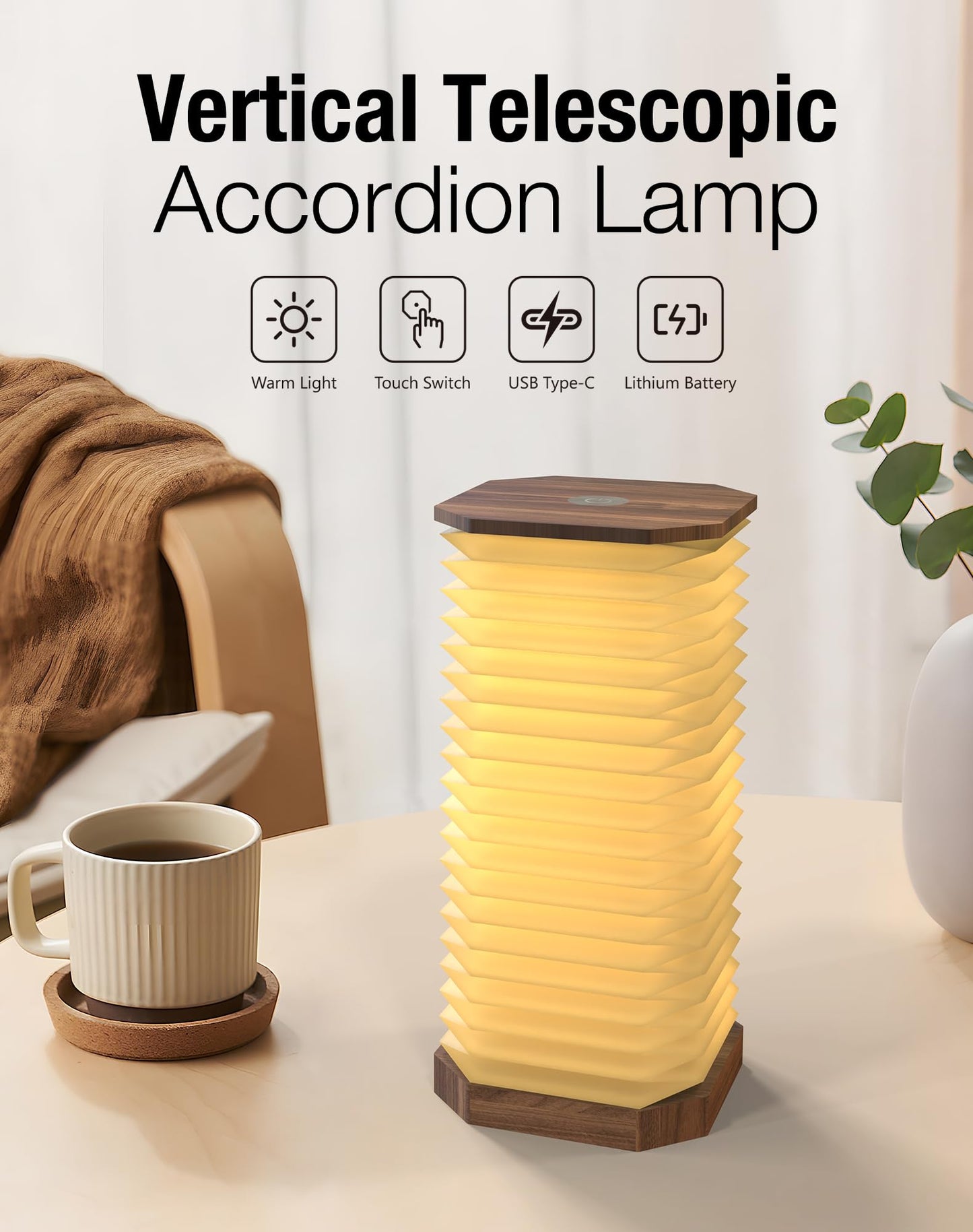 ZBOLE Bedside Table Lamp for Bedroom, Vertical Accordion Lamp with Warm Light, Adjustable Height & Brightness, USB Charging, Study Reading Light for Living Room, College Dorm, Home, Office