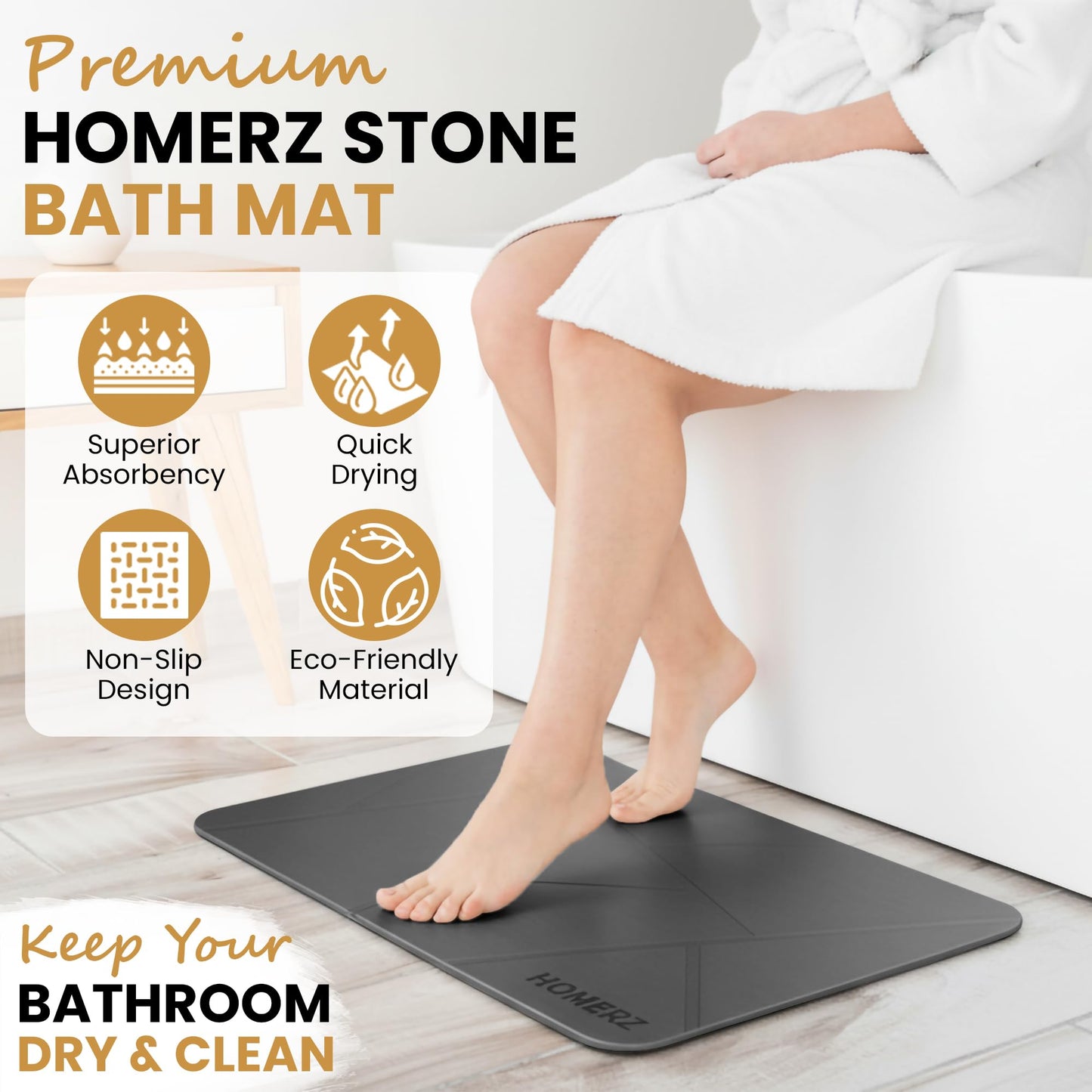 Homerz Stone Bath Mat – Premium Diatomaceous Earth Bath Mat, Rock Absorbent Bath Mats for Bathroom, Modern Stone Drying Mat, Shower Mat Outside Shower, Tapetes para Baño 23.6"x15.3" Gray