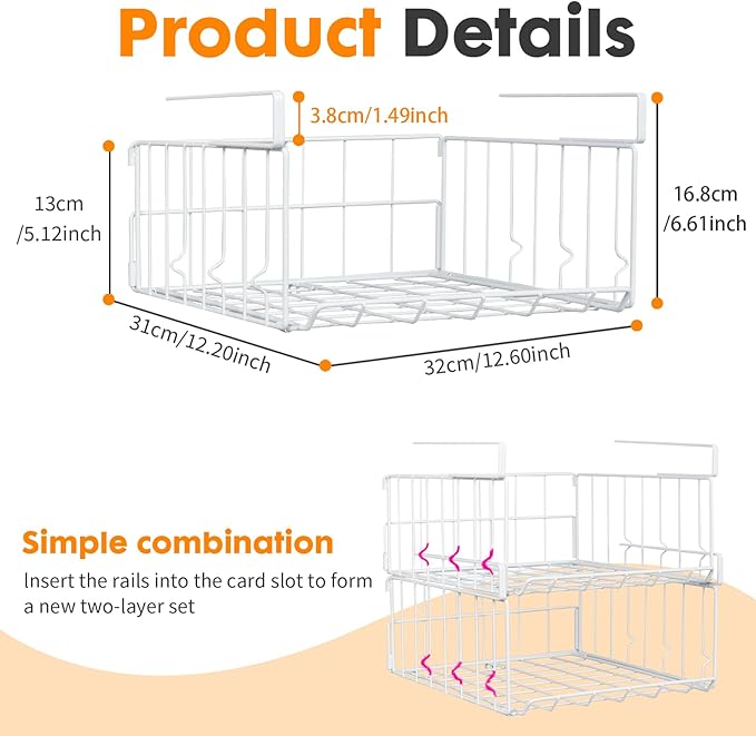 Hanging Under Shelf Storage Basket, 2 Pack Foldable Under Cabinet Metal Desk