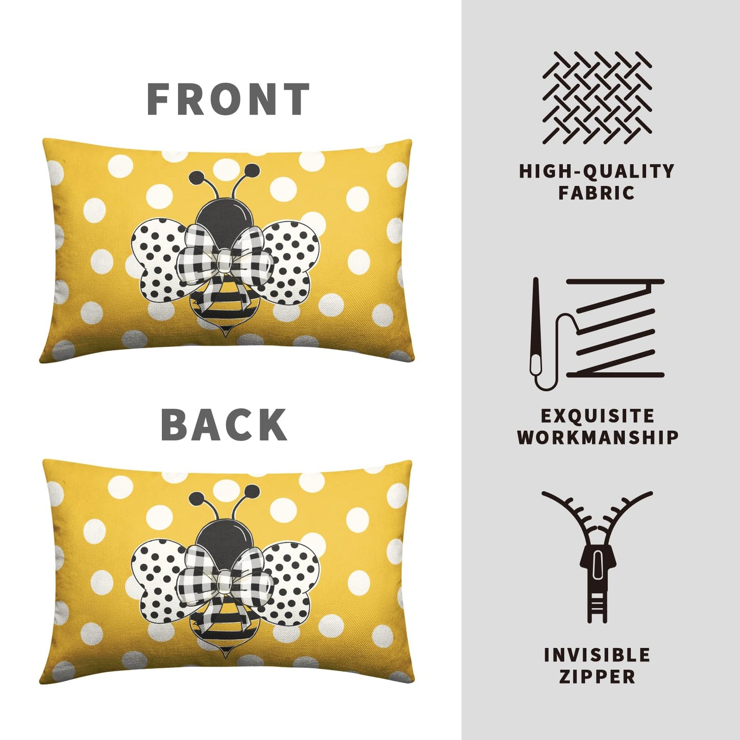 Wnoesat Lumbar Pillows Covers 12x20 Set of 2 Spring Summer Farmhouse Decorative Bumble Bee Polka Dots Throw Pillow Cover Yellow Honey Bee Rectangle Waist Cushion Case for Outdoor Couch Patio