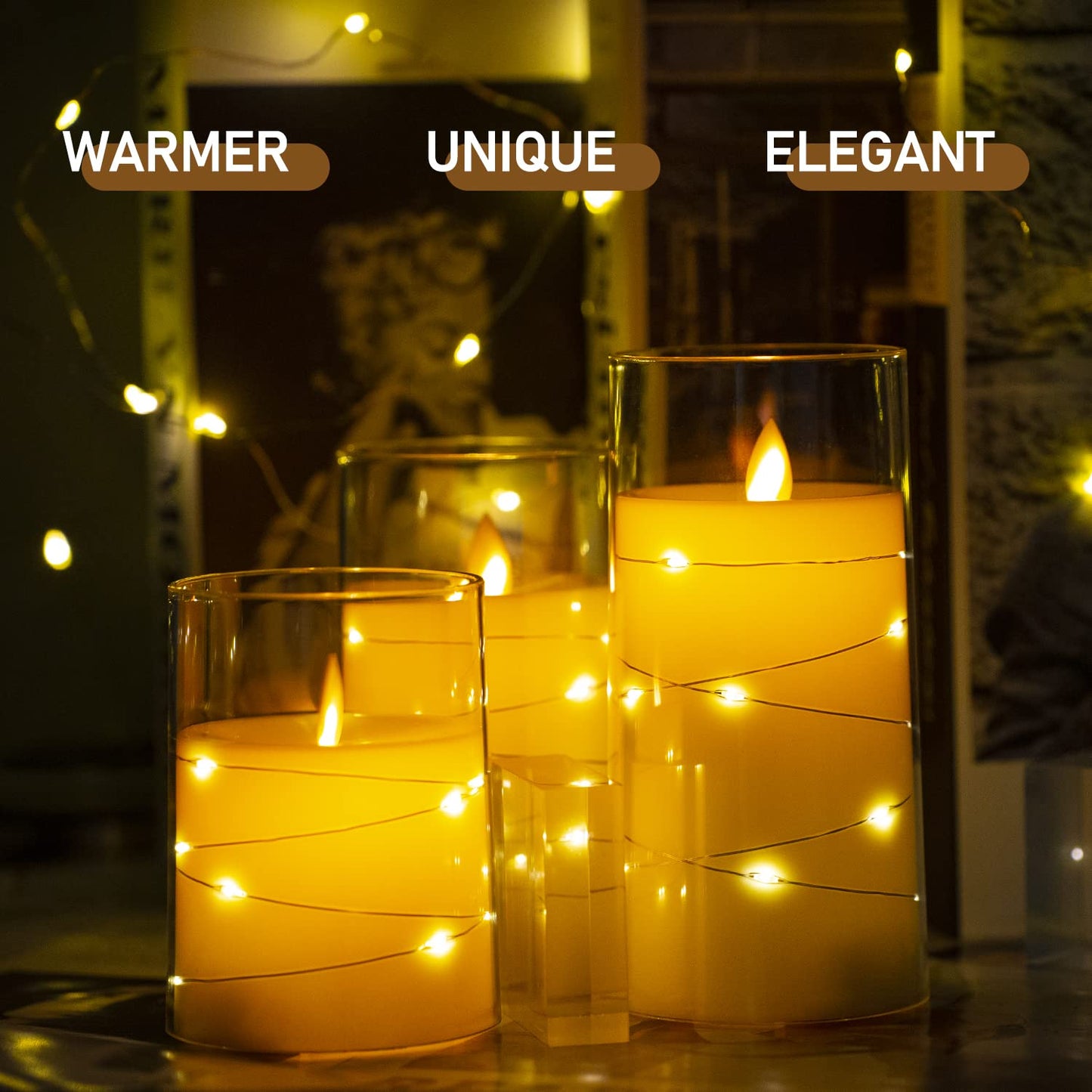 salipt LED Flameless Candles, Battery Operated Flickering Candles, Moving Flame Electric Candle Sets Glass Effect with Remote Timer, Set of 3, H 4" 5" 6" - Fairy Lights Ivory