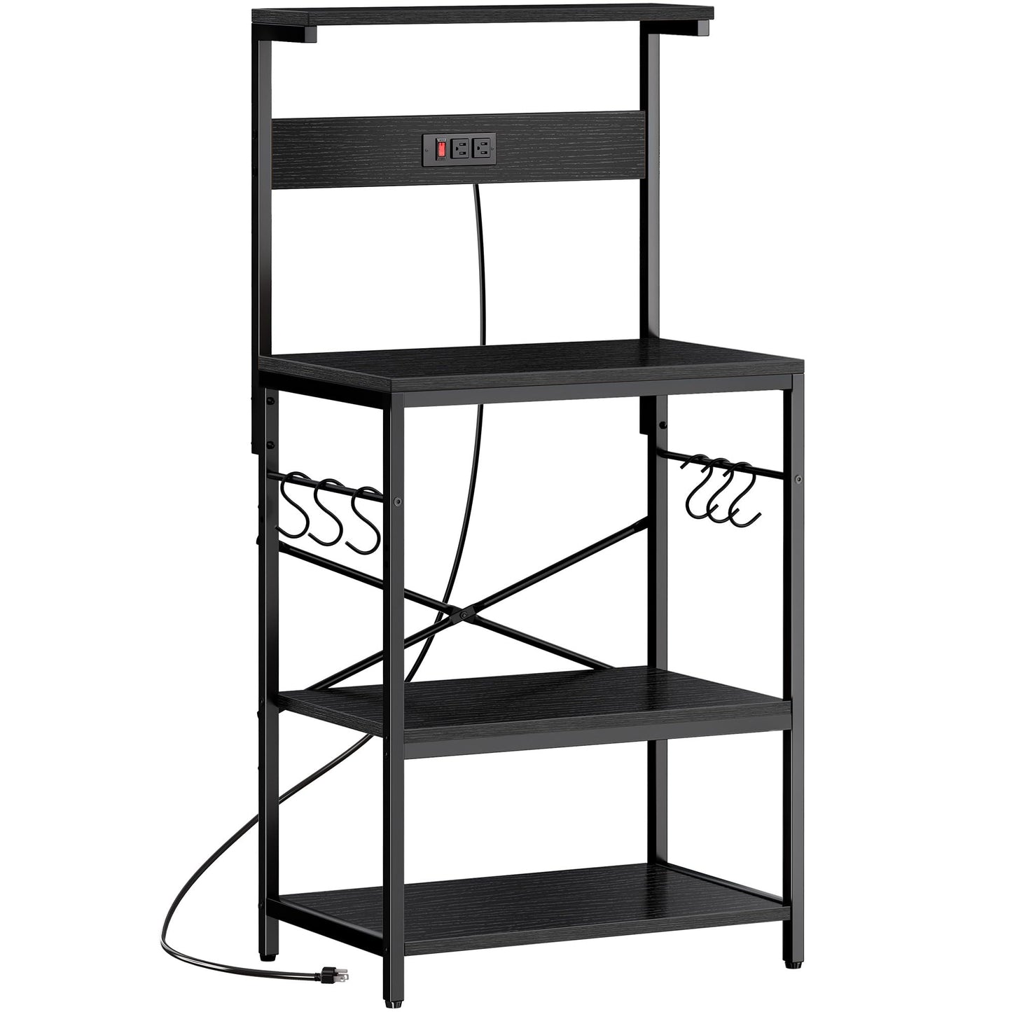 SUPERJARE Kitchen Bakers Rack with Power Outlet, Coffee Bar Table 4 Tiers, Kitchen Microwave Stand with 6 S-shaped Hooks, Storage Shelf Rack for Spices, Pots and Pans - Rustic Brown