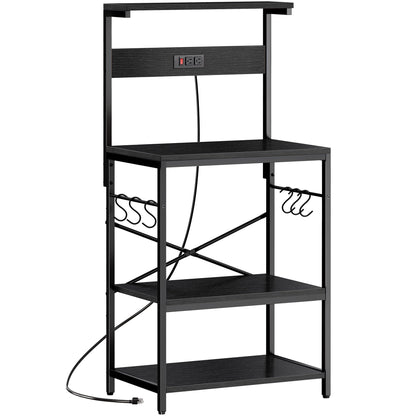 SUPERJARE Kitchen Bakers Rack with Power Outlet, Coffee Bar Table 4 Tiers, Kitchen Microwave Stand with 6 S-shaped Hooks, Storage Shelf Rack for Spices, Pots and Pans - Rustic Brown
