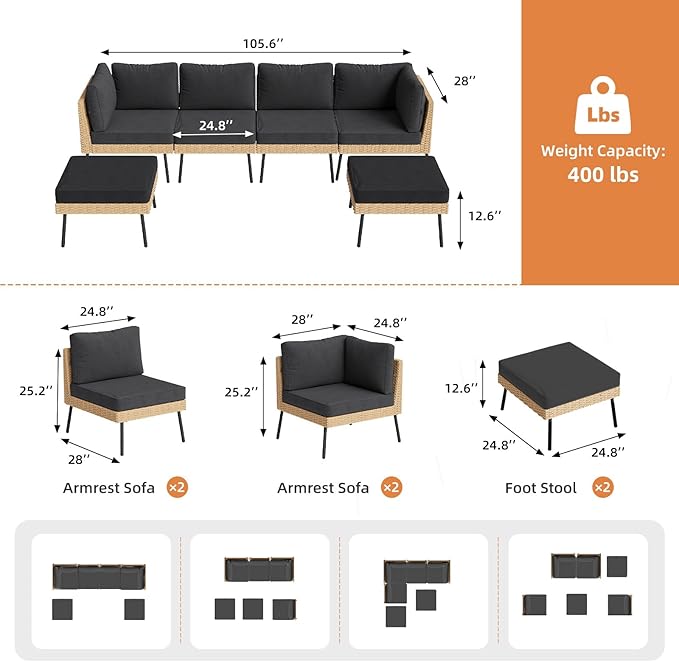 Aoxun 6-Piece Patio Furniture Set, Wicker Outdoor Furniture