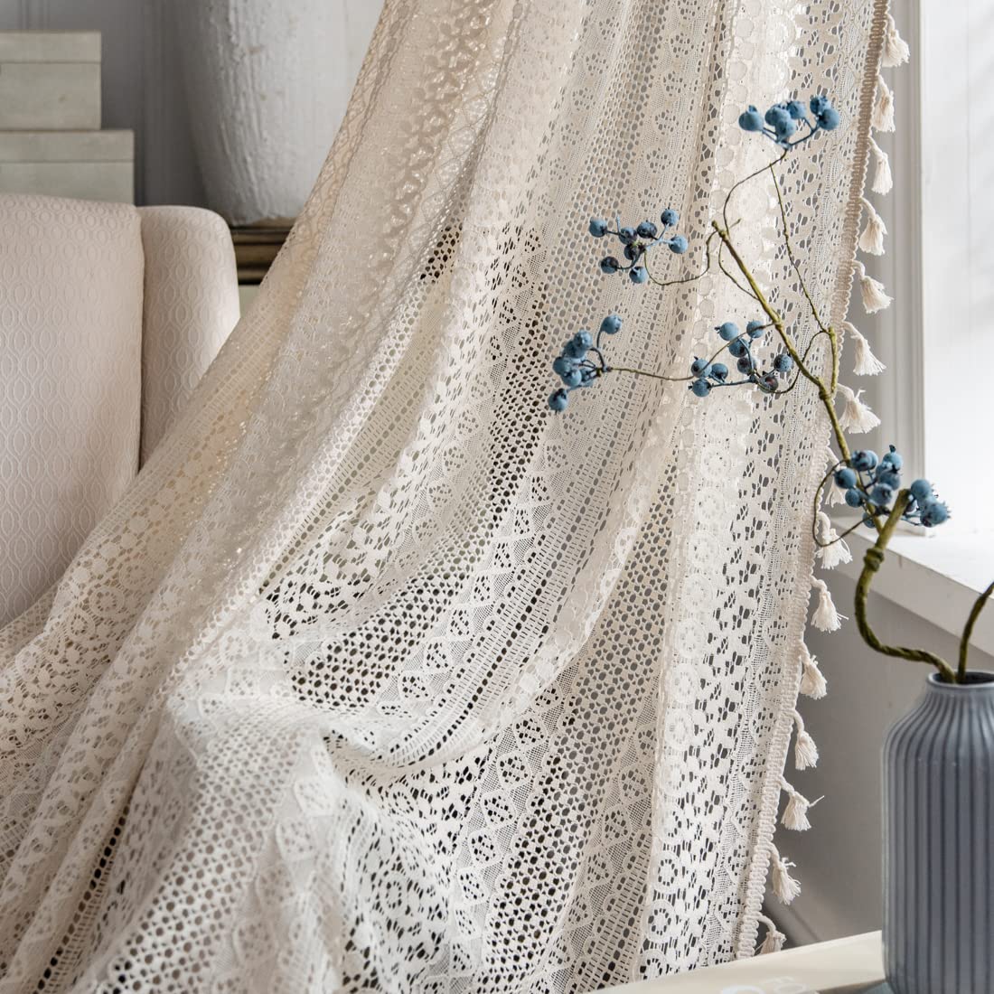 Colorigan Boho Curtains for Living Room Bedroom, 84 inch Length 2 Panels Set Cotton Linen Semi Sheer Farmhouse Window Curtains with Tassels & Rod Pocket, Beige Lace Crochet Rustic Long Curtain Drapes