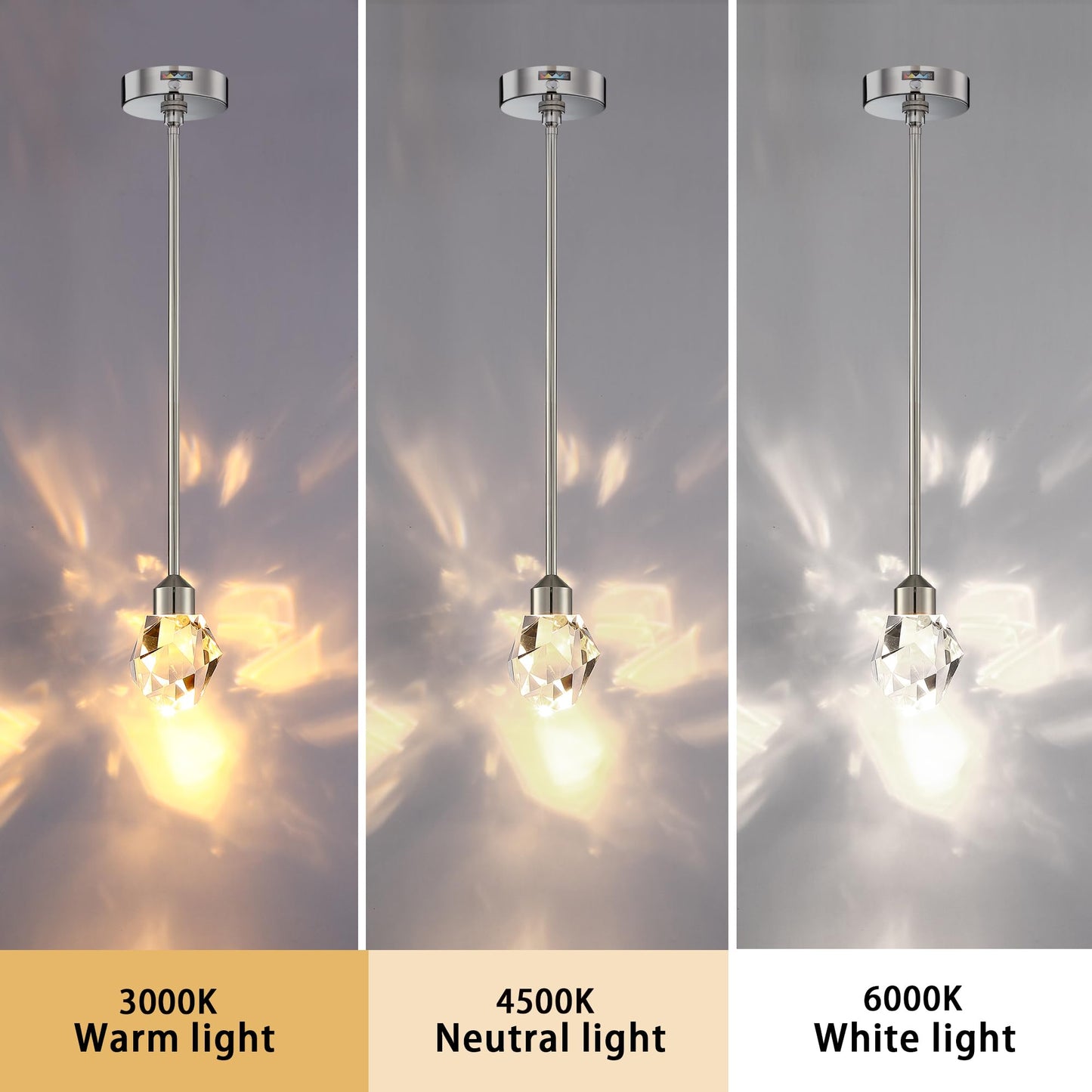 Untrammelife Modern Crystal Pendant Light Polished Nickel Small Pendant Light Fixtures 8W LED Hanging Chandelier for Bathroom Bedroom Kitchen 3 Color Temperature Adjustable 3000K-4000K-5000K
