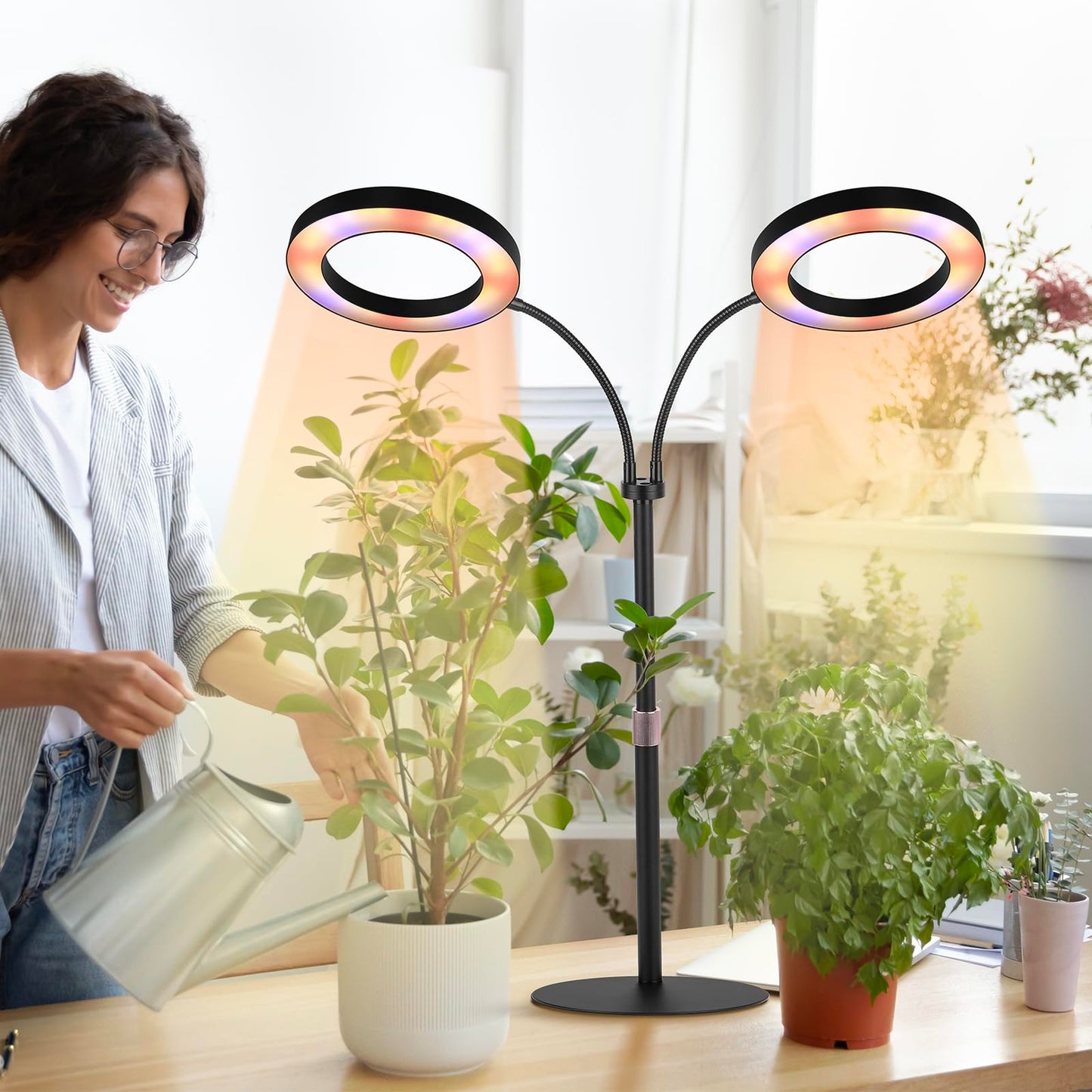 canvage Dual-Head Grow Lights for Indoor Plants, LED Full Spectrum Plant Lamp with Timer 3/9/12H, 10 Dimmable Levels, Flexible Gooseneck, Height Adjustable 14"-23" for House Plants & Seedlings