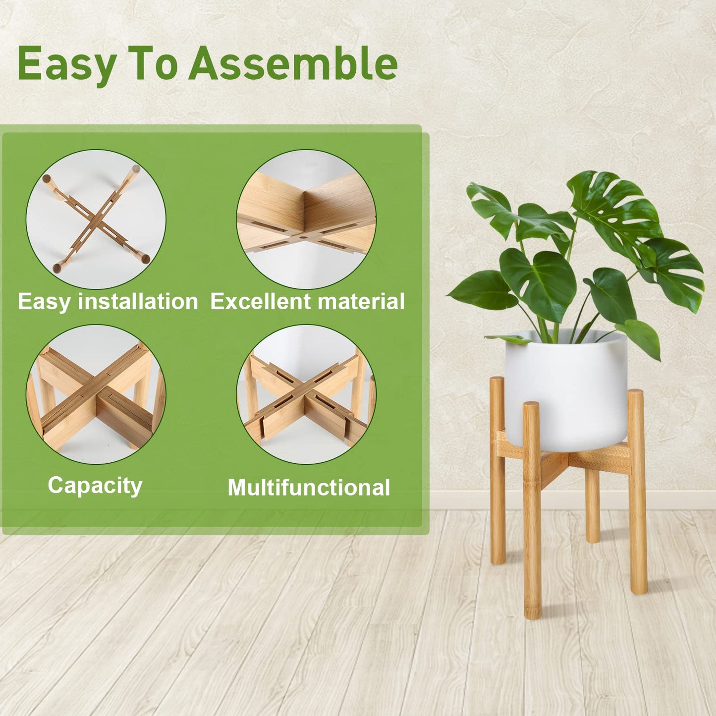 BESHOF 2 Pack Bamboo Plant Stands, Adjustable Plant Stand Indoor, Mid Century Modern Plant Stand, Plant Holder for Living Room, Balcony Fits 8 to 12 Inches Pots (Beige)