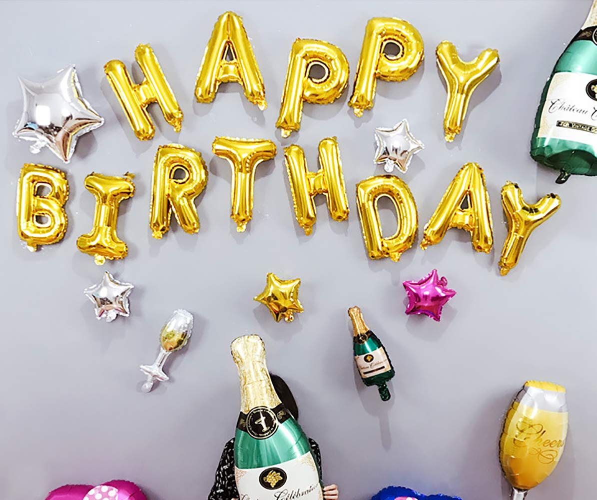 Gold Happy Birthday Balloons Banner,16 Inch Mylar Foil Letters Sign,Reusable Balloons for Women, Men, Boys & Girls Birthday Decorations Party Supplies