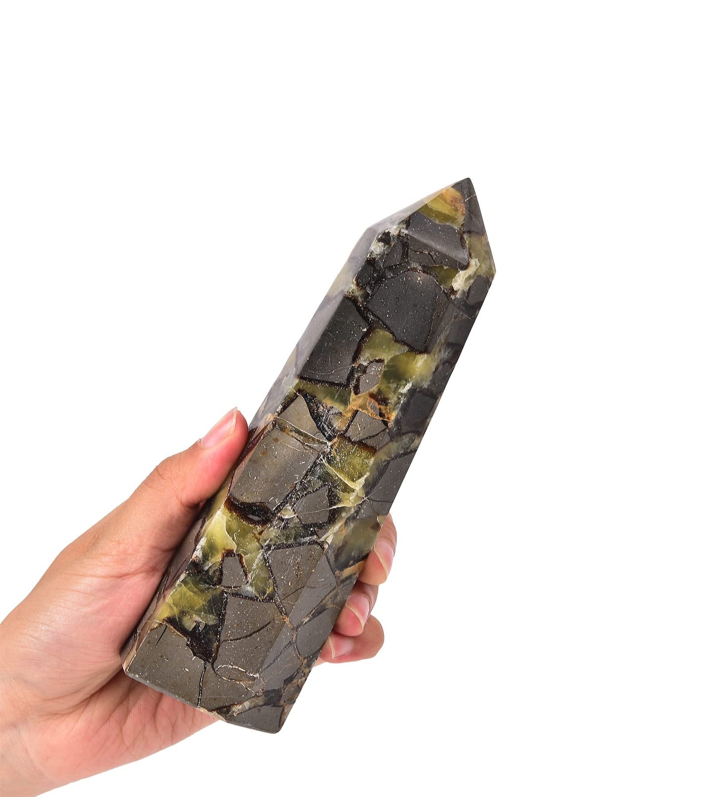 AMOYSTONE Heavy Natural Septarian Obelisk Stone (2-2.8 lb) - Large Hexagonal Healing Crystal Tower, Statement Decor Piece
