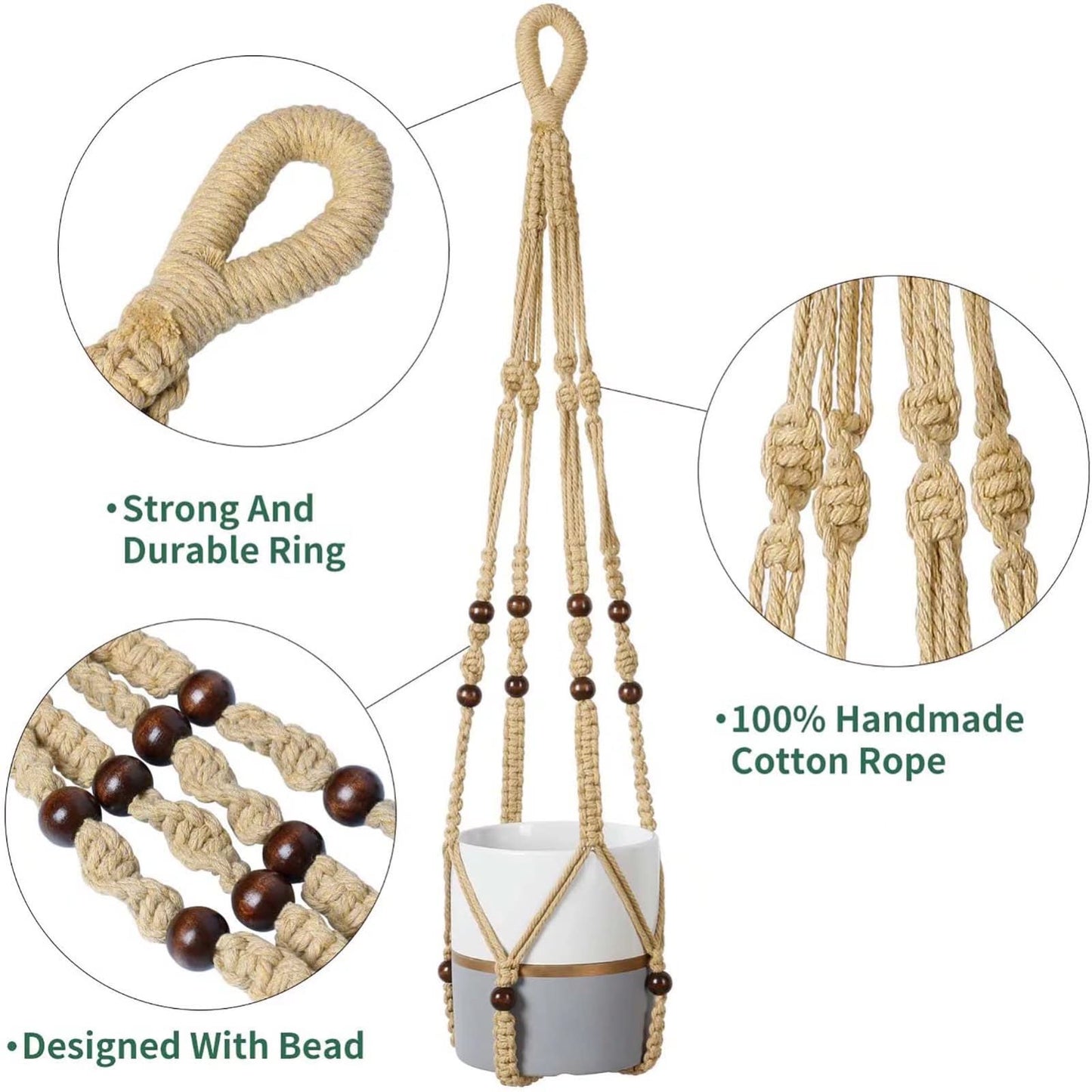 AKEIE Macrame Plant Hanger 3 Pack Indoor & Outdoor Wall Hanging Planter + 3 Hooks Hanging Planters Basket Cotton Rope 4 Legs 35 Inch Used for Herbs Ferns Ivy Crawling Plants Hanging Planters(Brown)
