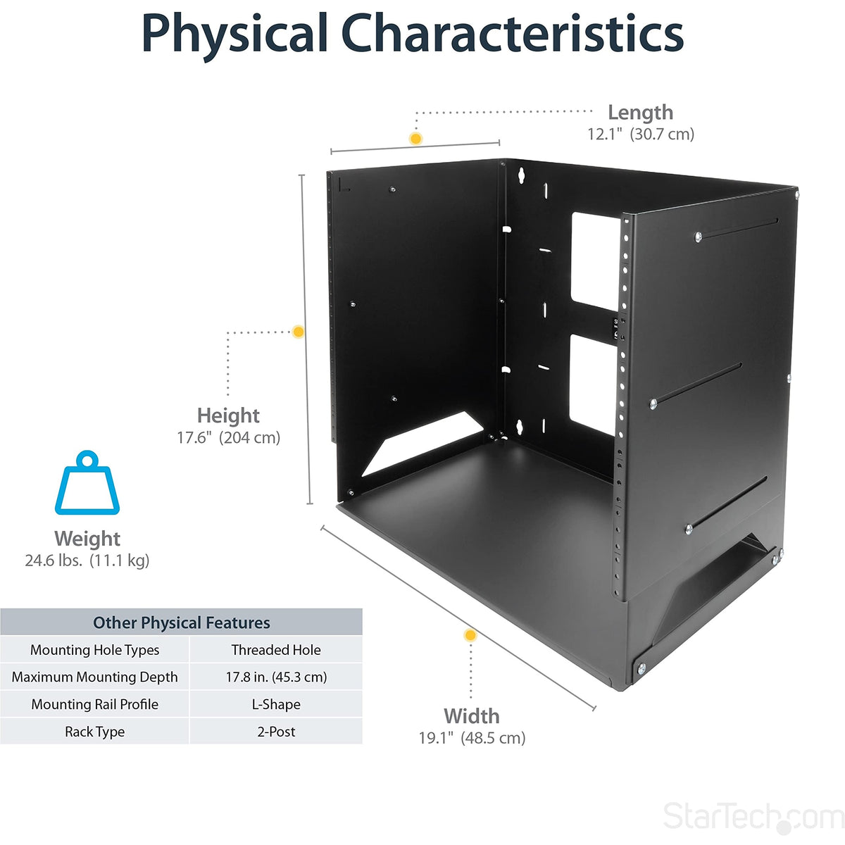 StarTech.com 2-Post 8U Open Frame Wall Mount Network Rack with Built-in Shelf, Wall Mount Data Rack with Adjustable Depth for AV / Computer / IT Equipment, TAA Compliant Server Rack (WALLSHELF8U)