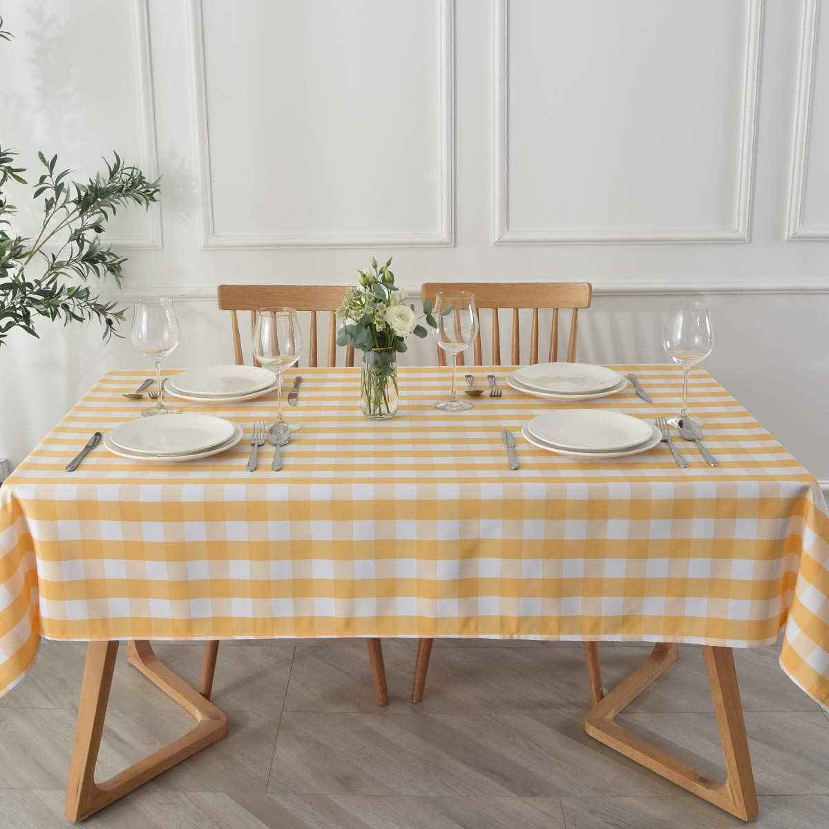 maxmill Checkered Rectangle Tablecloth Water Resistance Wrinkle Free Spillproof Heavy Weight Gingham Plaid Table Cloth for Buffet Banquet Parties Holiday Dinner, 60 x 84 Inch Yellow and White