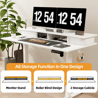 JOY worker Height Adjustable Electric Standing Desk with Storage Shelves, 48 Inch Table with Built-in Monitor Stand, Sit Stand Desk with 2 Hooks for Home Office, White