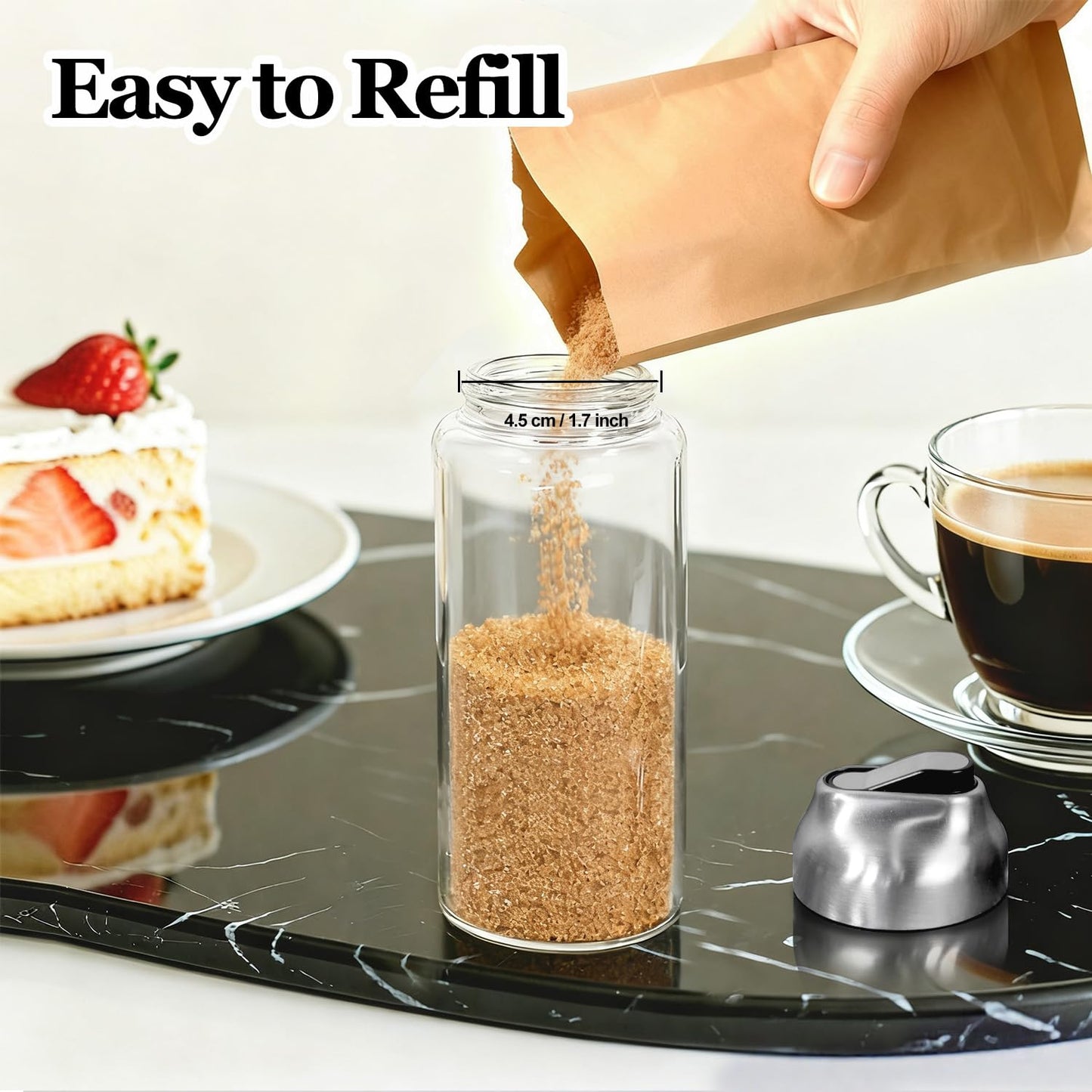 14oz Glass Sugar Dispenser with Spout - Refillable Pour Shaker for Coffee Bar, Tea Station & Table - Large Airtight Sugar Container for Kitchen Counter