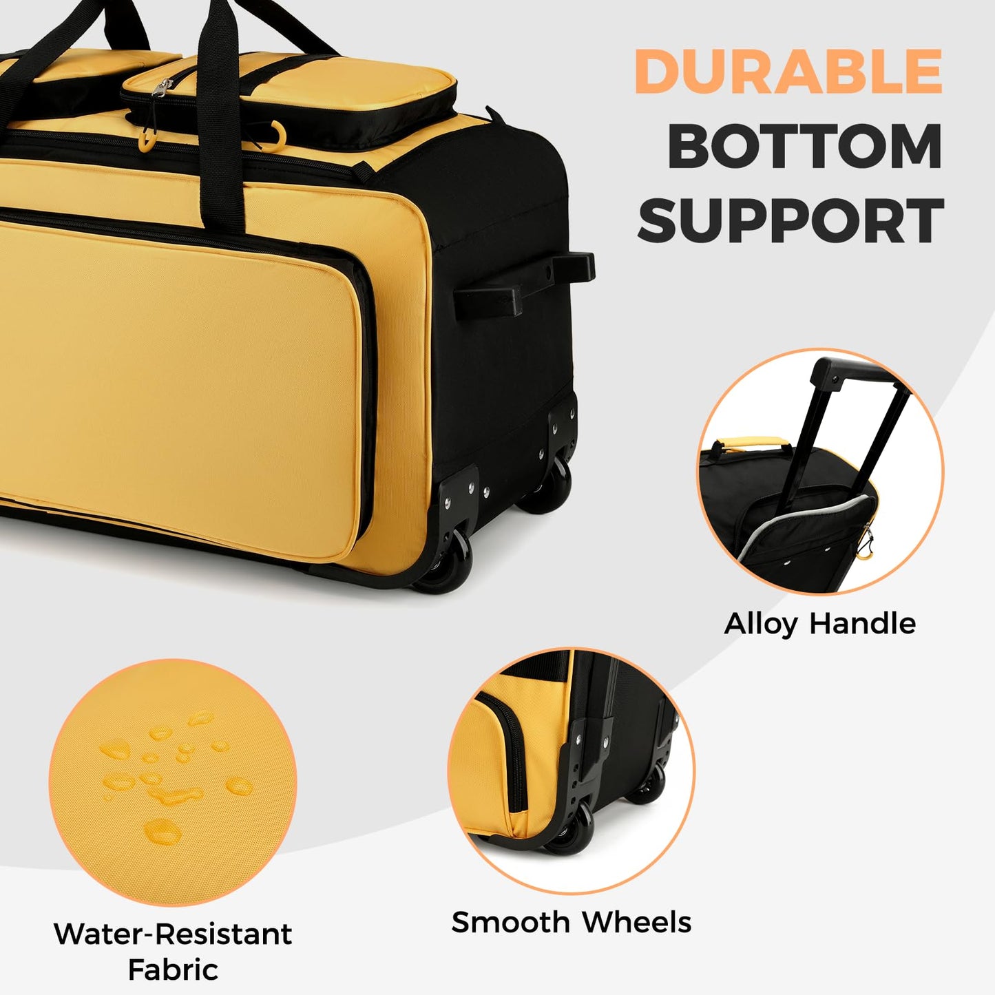 Searock 90L Rolling Duffle Bag with Wheels and Handle, 31” Large Duffle Bag for Travel, Carry On Luggage Duffel Bag with Shoe Compartment, Multi-Pocket, Water Resistant, Yellow