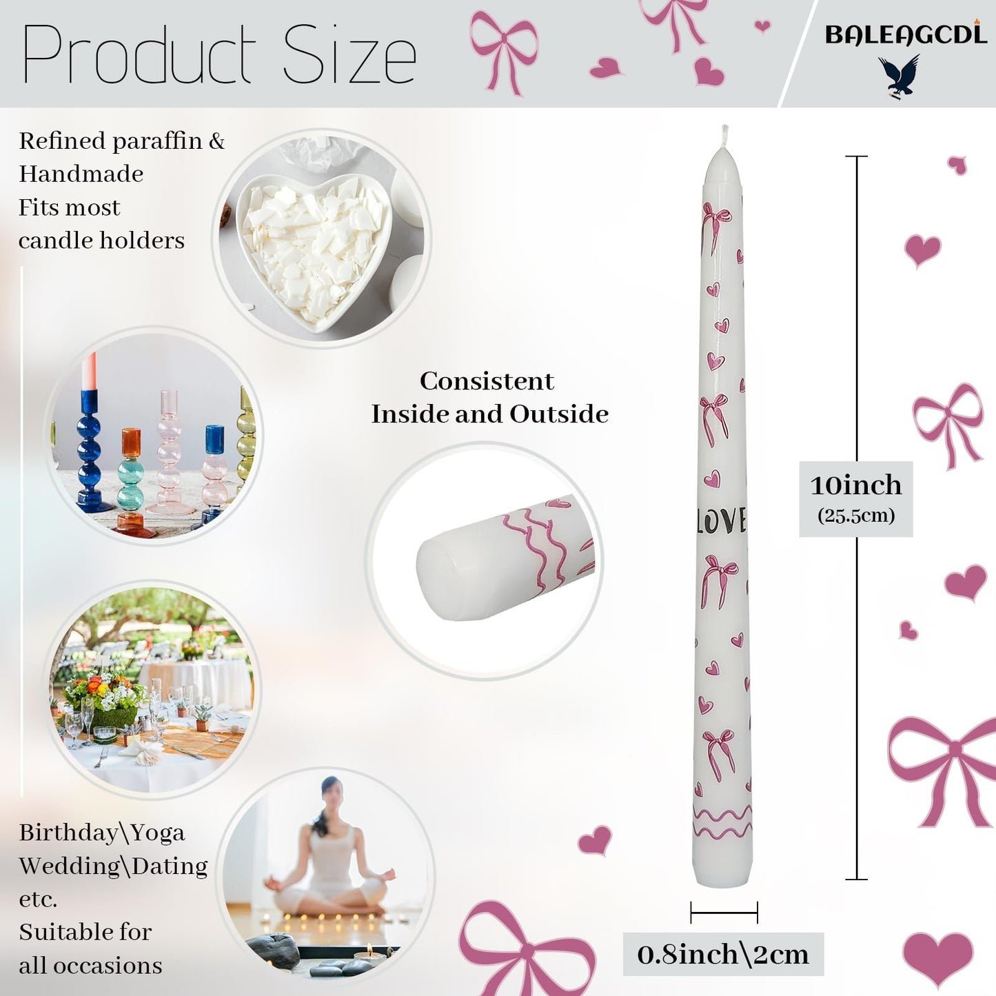 Floral Taper Candle - Baleagcdl White with Bow Print Candles Handmade Long Tapered Candles 10 Inch Drip Candlesticks for Wedding Home Decor Gifts - Set of 2