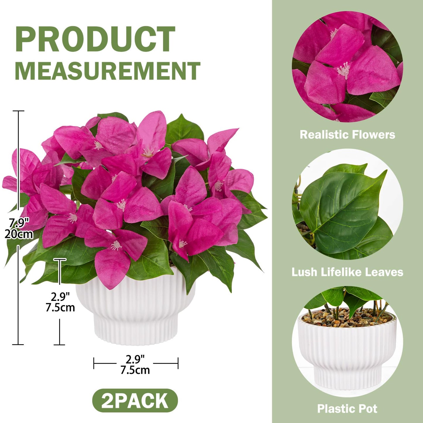 Nature Crafted 2 Pack Artificial Bougainvillea Plant with Pot, Fake Bougainvillea Flower Potted Plant for Indoor Home Living Room Office Wedding Party Tabletop Decoration, Pink