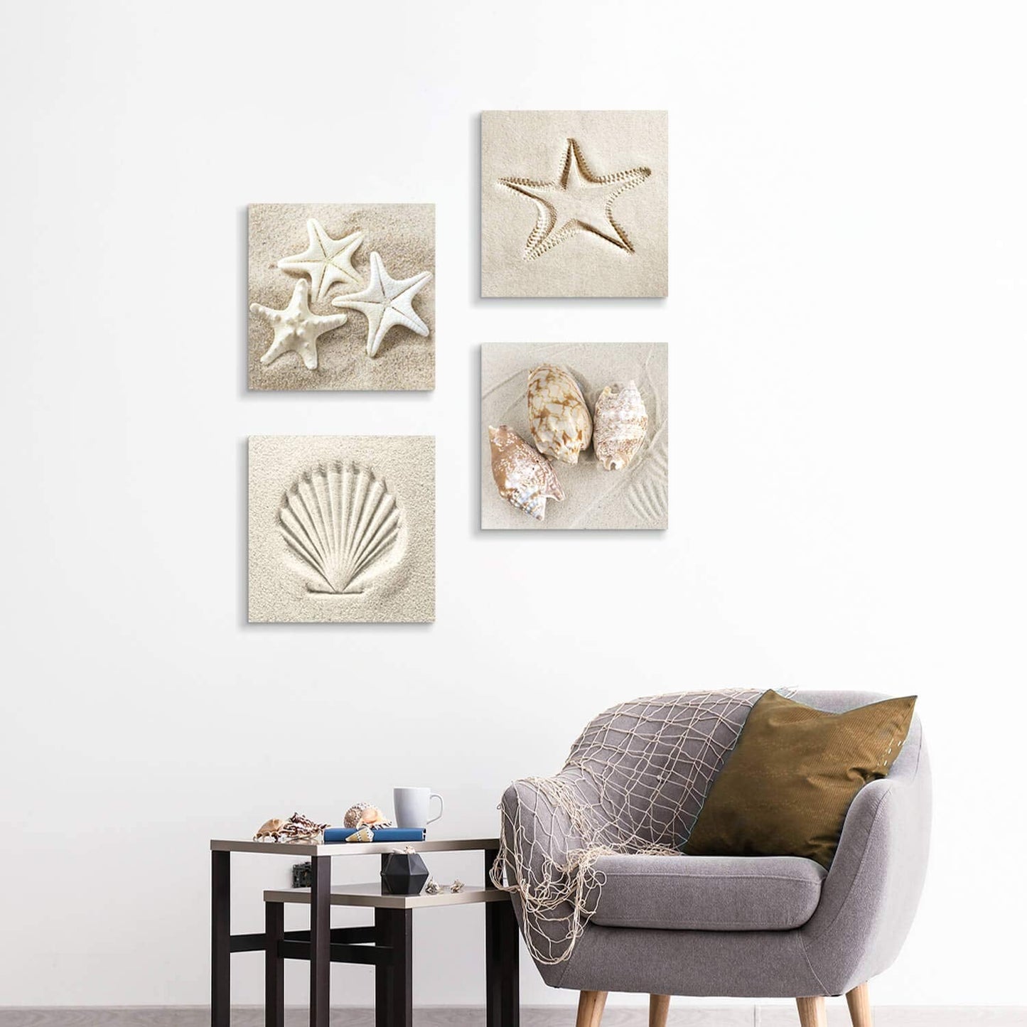 Hardy Gallery Coastal Serene Canvas Wall Art: Shells on Beach Sand Giclee Print Painting for Wall Decor for SPA Room (12''x12''x4pcs)