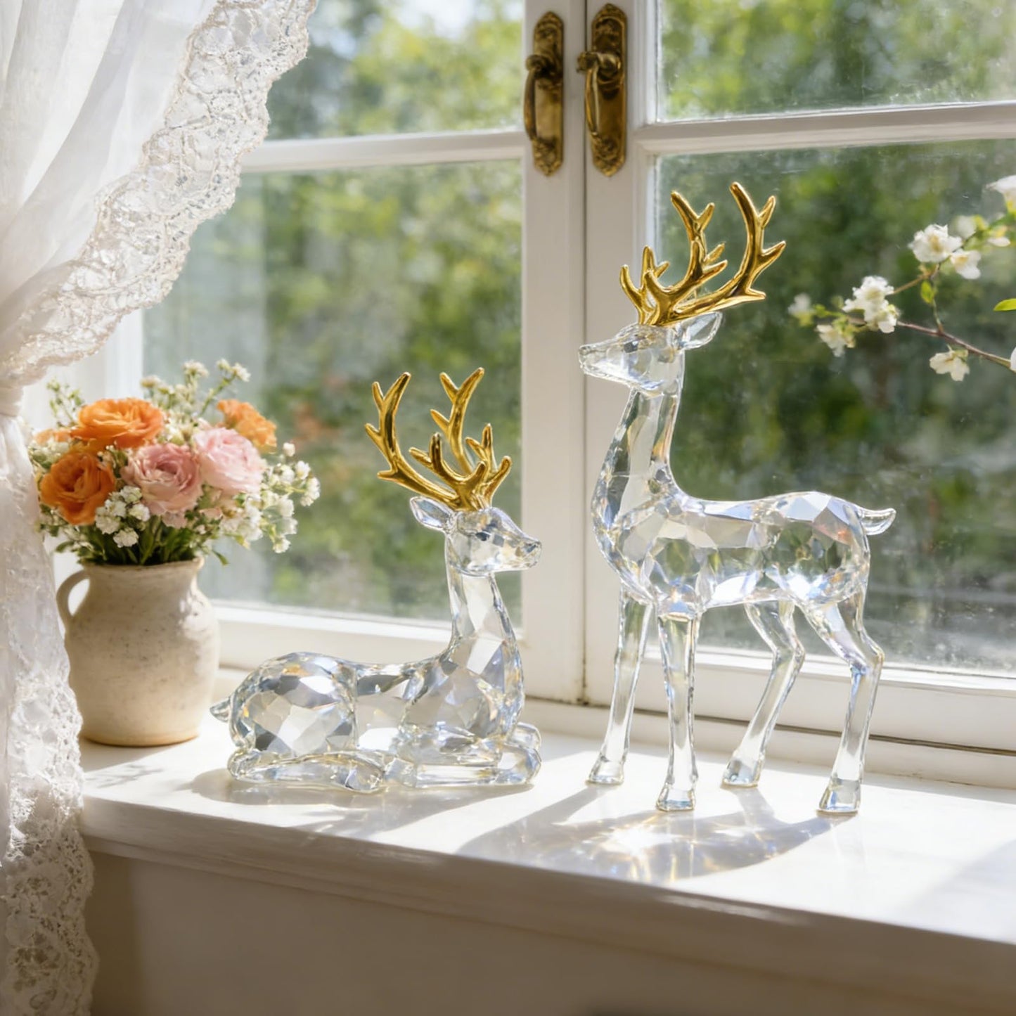 EverZenHub Christmas Reindeer Figurines, Set of 2 Resin Deer Statues - Handcrafted Holiday Tabletop Decor for Mantel, Shelf, Cabinet | Elk Sculpture Home Décor Gift