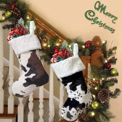 OLLULL Christmas Stockings, Cow Faux Fur Large Xmas Stockings Hanging Ornaments 2 Pack 20 Inch
