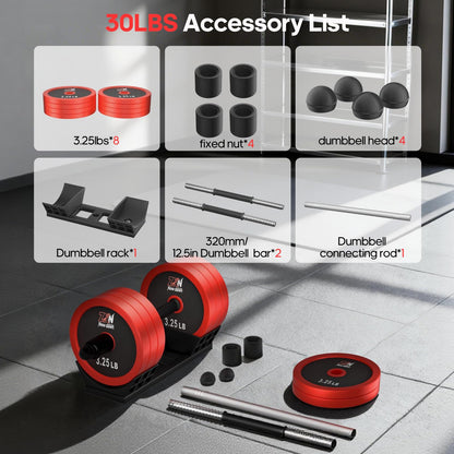 ZKN NEW DAWN Adjustable Dumbbell Set,30 lbs Free weight set with Carbon Steel,rack,Barbell Free weights set with Connector,Workout Equipment for Home Gym Suitable Men/Women