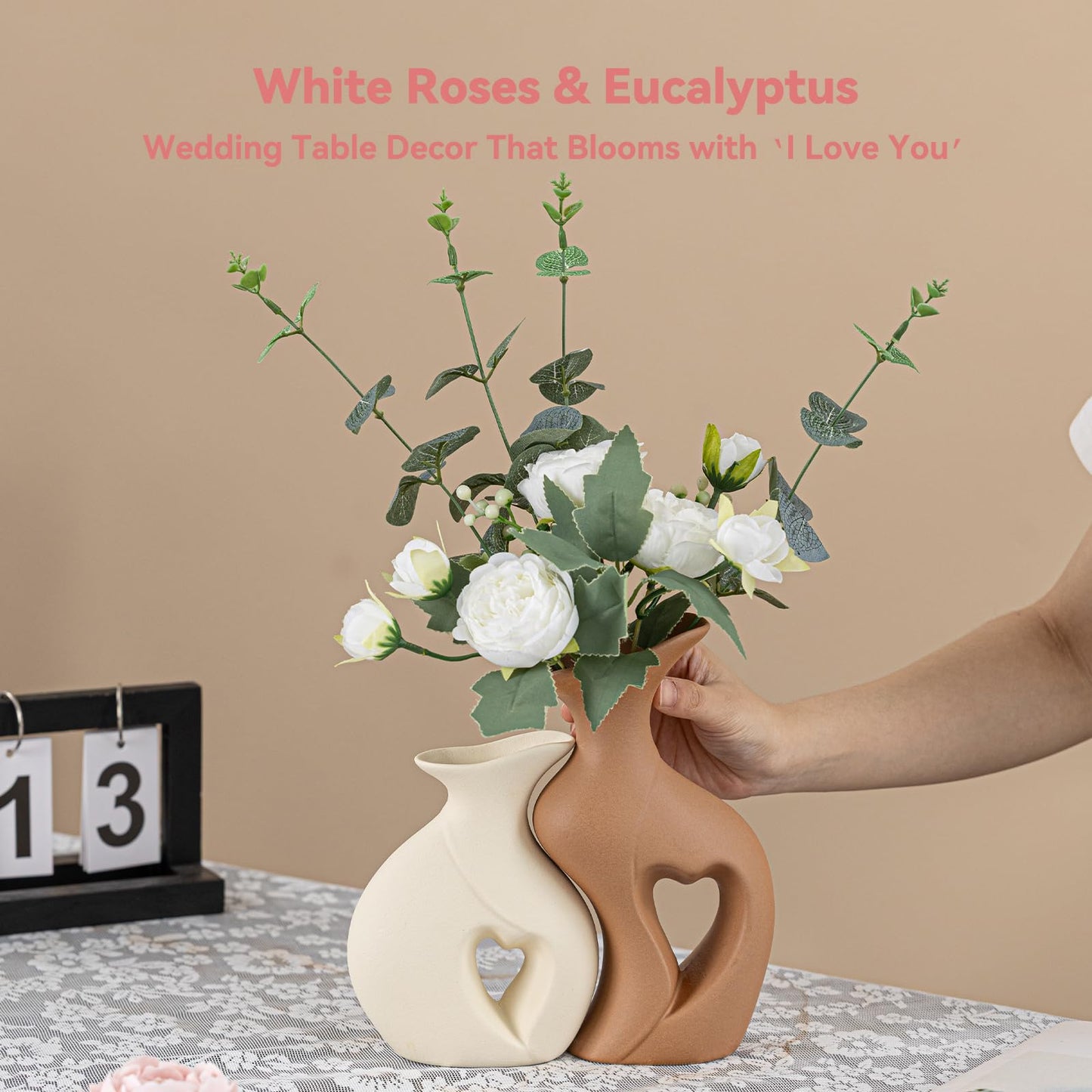 Heart Linked Couple Vase Set - 2-Pcs Beige & Brown Ceramic Vases with Hollow Heart Design, Romantic Gifts for Couples, Wedding Decor for Couple,Decorative Vase for Living Room/Dresser