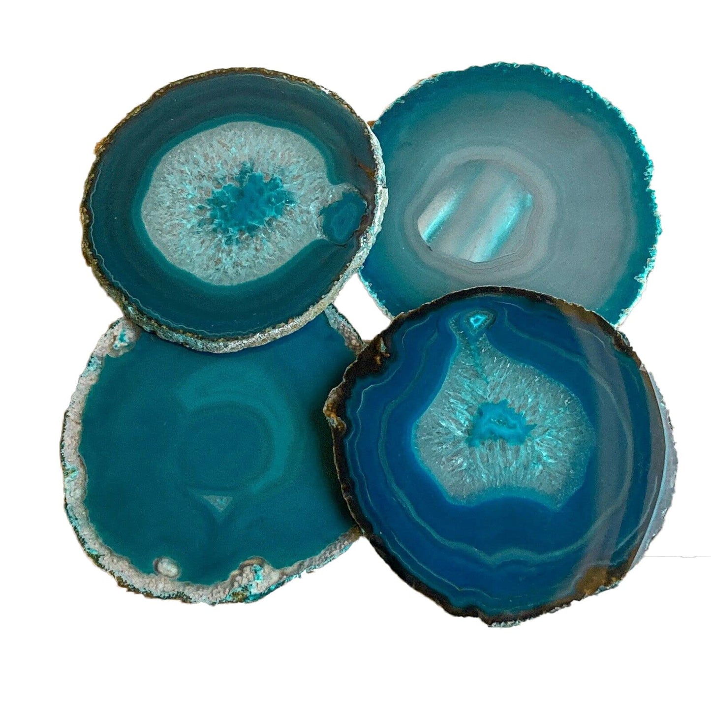 AMOYSTONE Teal Agate Coasters Set of 4, 3-3.5 Inch Handcrafted Slices, Lightweight Stone Coasters, for Teen Girl, College Dorm Room Decor
