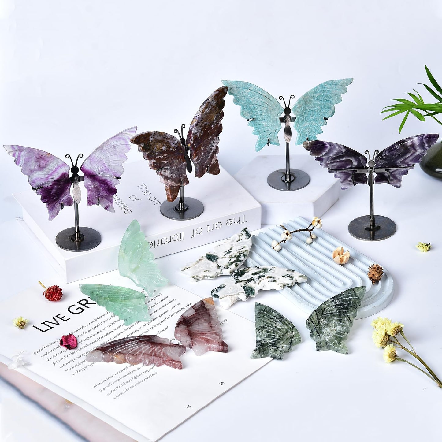 JIC Gem Purple Fluorite Crystals and Stones Crystal Butterfly Art Angel Wings Sculpture Carving,Healing Crystal Ornaments Energy Decorative Stone Reiki Gifts (1pair, 10cm)