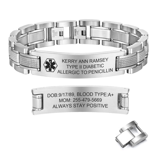 Free Custom Engraving Medical ID Bracelet Heavy Masculine Elaborate Men's Medical Alert Bracelet Wristband Jewelry for Dad Customizable & Waterproof,Silver