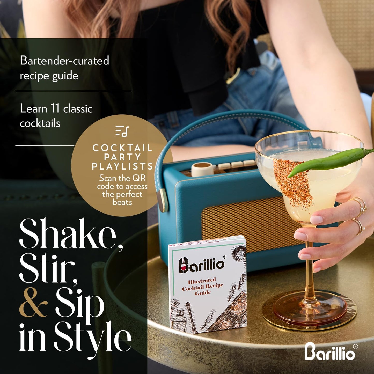 Barillio Glass Cocktail Shaker Set | 14 oz Cobbler Mixer with Bar Tools | Bartender Kit with Measuring Jigger, Mixing Spoon and Muddler | Gift Set
