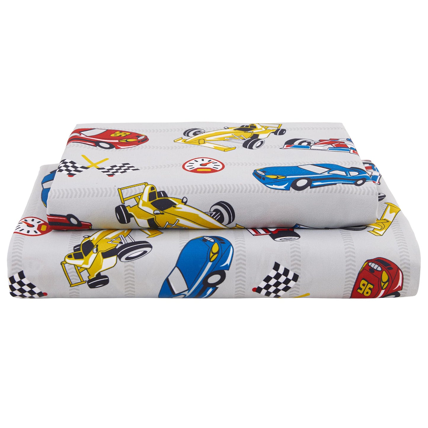 Softan Kids Bed Sheet Set, 4-Piece Full Size Sheets, Microfiber Fitted Sheet with 15 Inches Deep Pocket and Corner Straps, Breathable & Silky Soft Grey Racing Car Pattern Sheet and Pillowcase Sets