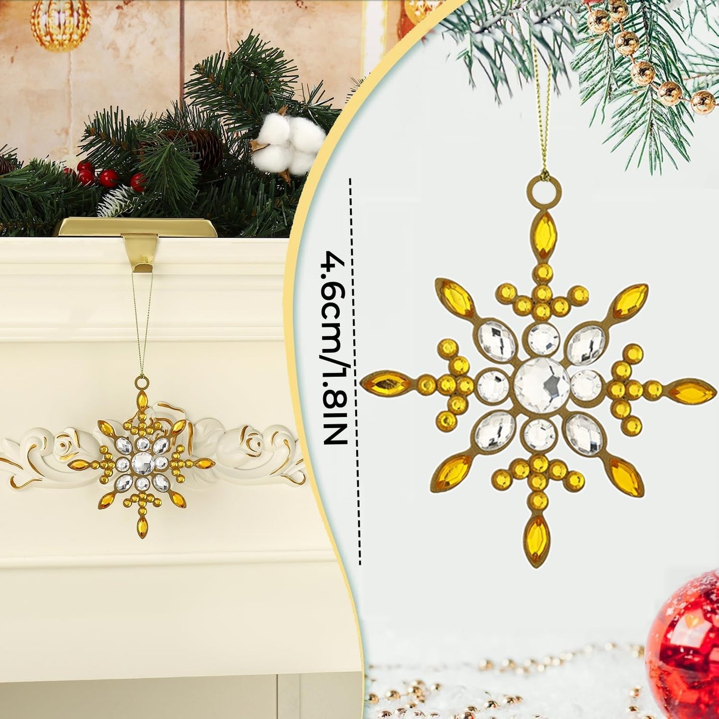 4 pcs Gold Sparkling Snowflake Christmas Ornaments-Large Christmas Tree Decoration- Hanging Reinstone Christmas Snowflake Ornaments for Christmas Tree Winter Supplies (4, Gold)