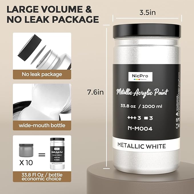 Nicpro Metallic Pearl White Acrylic Paint 33.8oz/1000ml, Non Toxic Pearlescent