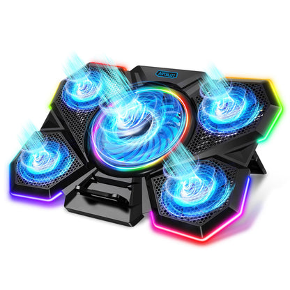 AIMIUZI Laptop Cooling Pad, Gaming Laptop Cooler with 5 Quiet Fans and LED Lights (One-Click Close), Laptop Fan Cooling Pad Fits 12-17 Inch Laptop, 7 Adjustable Height