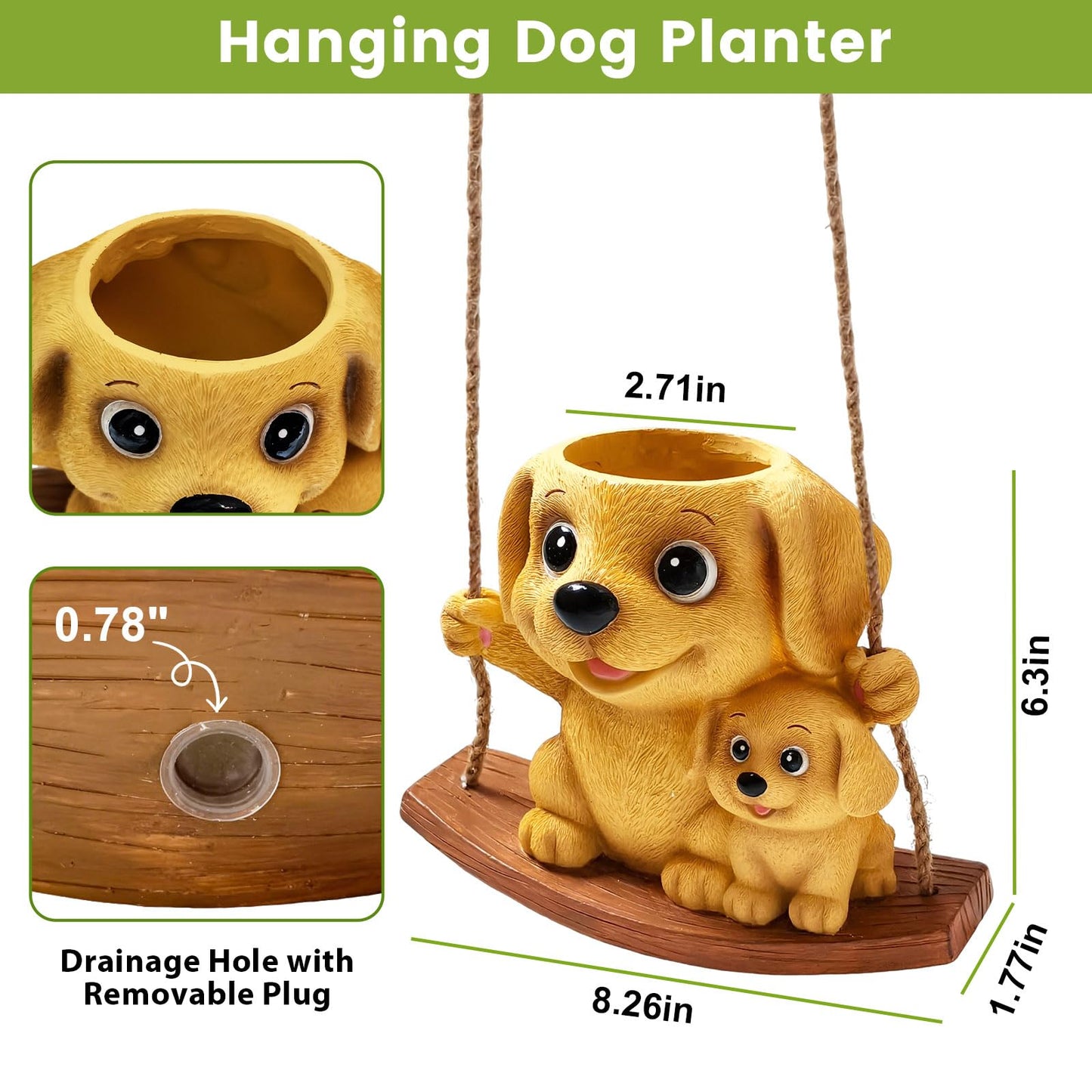 Pinkoriart Swing Dog Hanging Planters for Indoor Plants, Cute Small Succulent Pots with Drainage Hole, Unique Resin Plant Hangers Outdoor, Hanging Plant Holder for String of Pearls