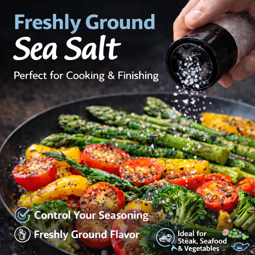 100% Gourmet Baja California Sea Salt Grinder (6 oz) – Pacific Ocean Mineral Salt – Natural & Unrefined – Coarse Sea Salt for Cooking, Seafood & Finishing – Refillable Glass Grinder