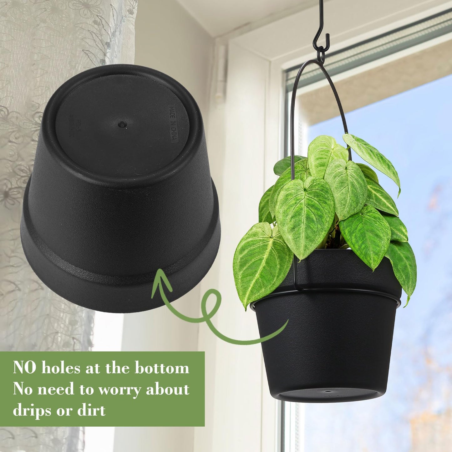 Hushee 10 Packs Metal Hanging Planters for Outdoor Indoor Plants Plant Hanger with 6.3'' Plastic Pots Hanging Planter Basket for Garden Home Porch Decor (Black)