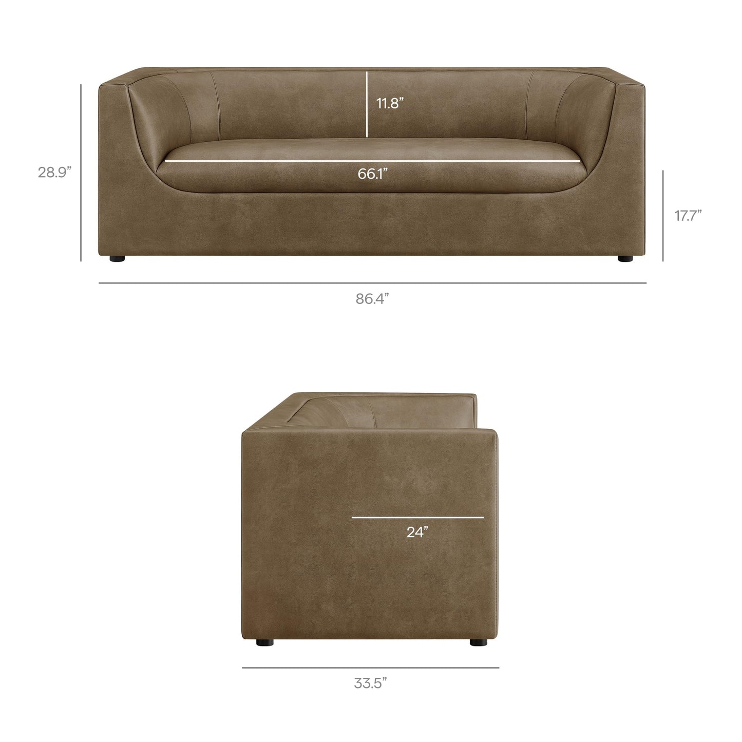 Modway Hilda 86 Inch Modern Curved Back Faux Leather Sofa in Mushroom – Vegan Leather Upholstered 3-Seat Couch for Living Room, Apartment, Office
