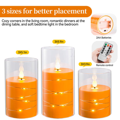 Da by 3 Pack Orange Transparent Acrylic Flameless Taper Candles, Flickering Black Wick LED Candles with Fairy String Lights, Heat Resistant ABS Candles with Remote for Indoor Outdoor Decor