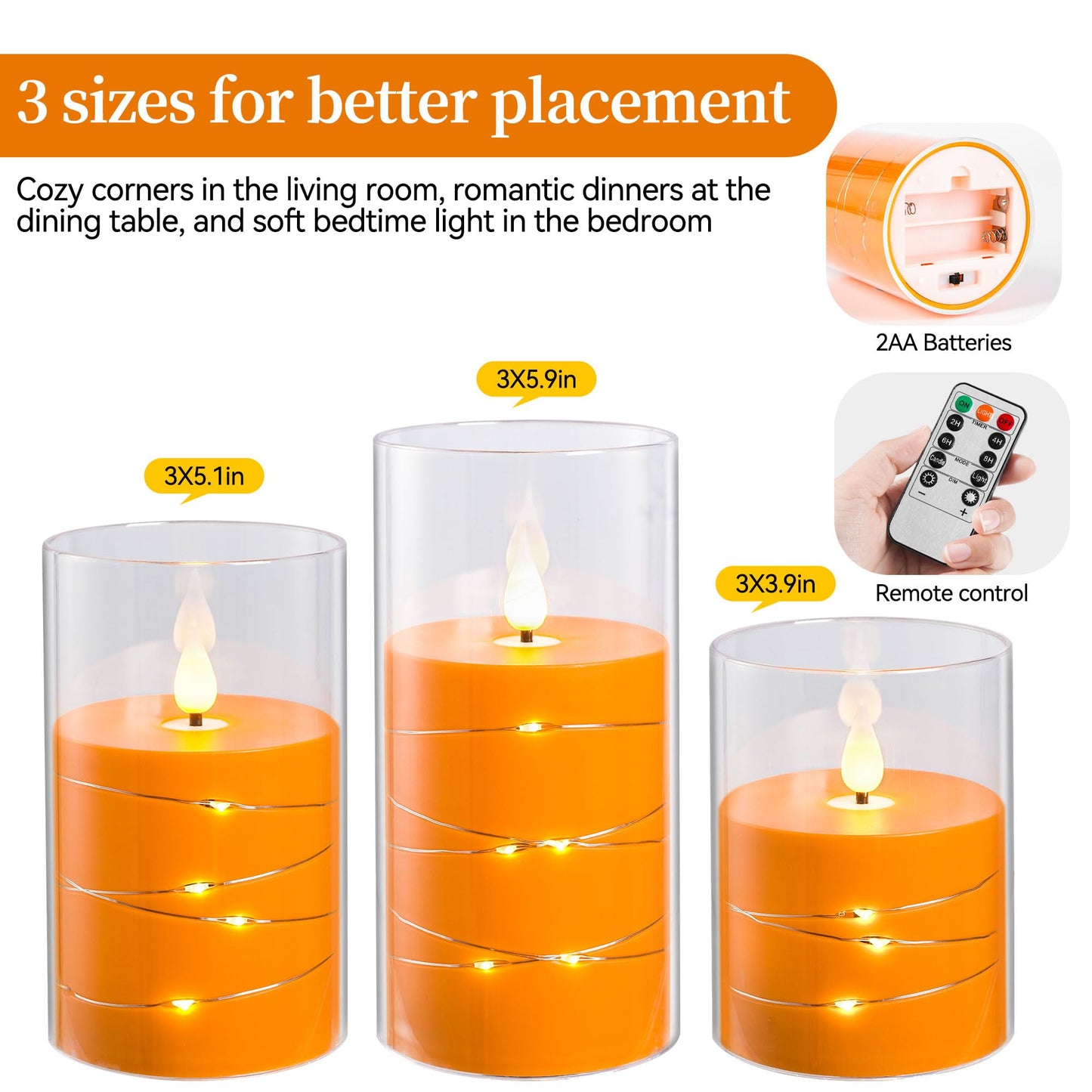 Da by Flickering Flameless Candles with Remote,Acrylic LED Candles with Embedded Star String,Battery Operated Candle, for Home and Holiday Decoration Set of 3（Orange） (Pack of 2)