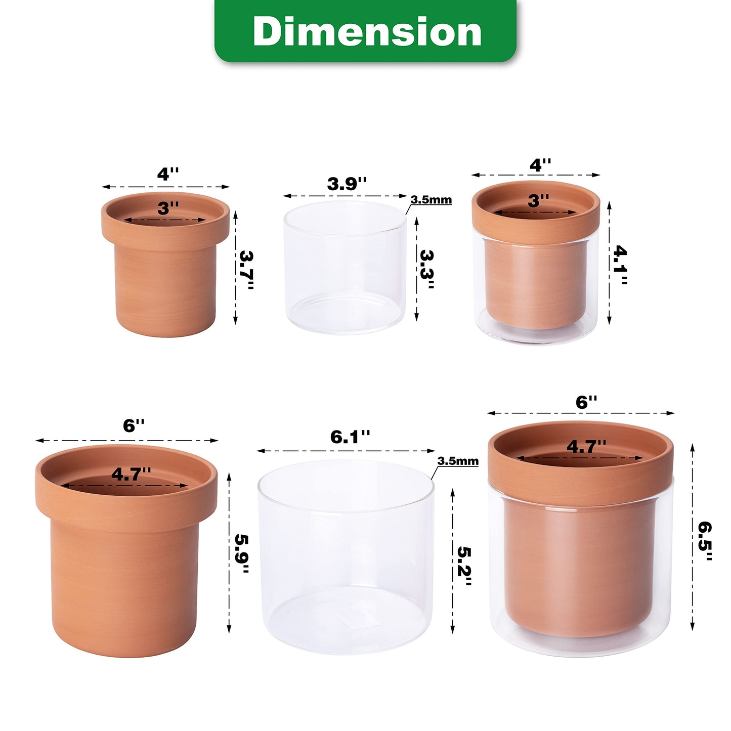 Phoenix Vine 4 Inch 6 Inch Self Watering Planter Pots, Terracotta Clay Pots with Glass Reservoir for Indoor Plants, Herbs, Flowers, 52-A-G-46