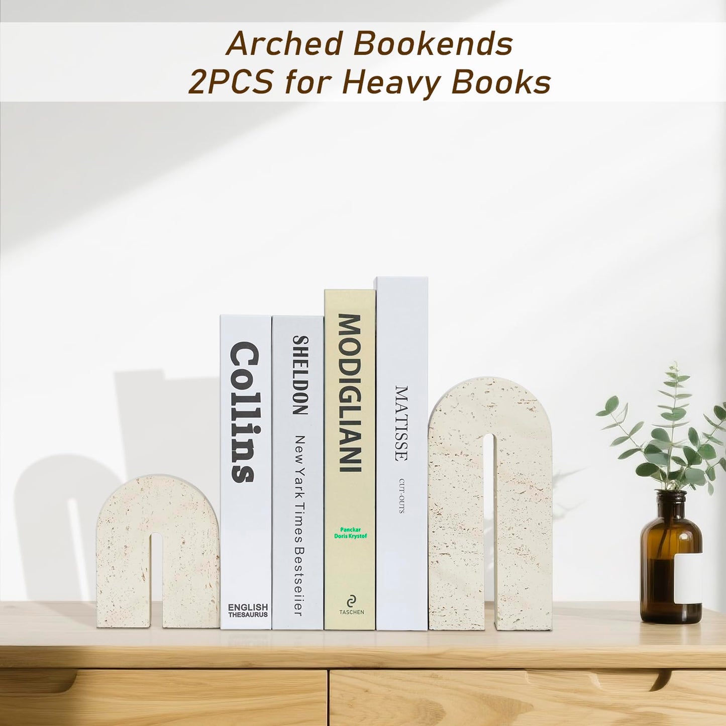 BOHDK Book Ends for Shelves, Resin Heavy Duty Decorative Bookends, Retro Arch Book Holder for Heavy Books, Imitation Travertine Book Stopper for Home Decor, Study, Bookshelf, Desktop, Set of Two