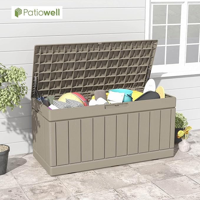 Patiowell 82 Gallon Resin Deck Box, Waterproof Large Wood Look Storage Box for Patio Furniture, Pool Accessories, Garden Tools and Sports Equipment, Lockable, Light Brown