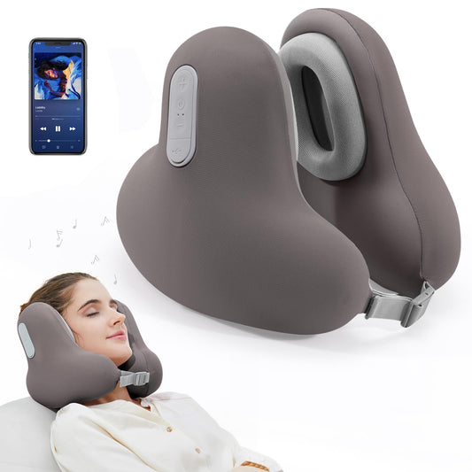 Travel Neck Pillow with Bluetooth Headset, Memory Foam Airplane Pillow for Head Support, Ergonomic Design Traveling Music Pillow for Home, Flight, Car with Adjustable Buckle and Drawstring Bag(Grey)